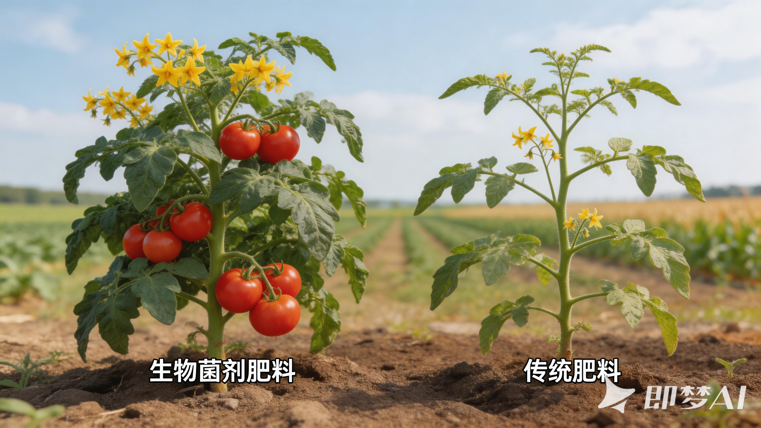 jimeng-2026-02-28-5804-两株并排的相同植物，左侧使用生物菌剂肥料，已经开花结果，果实饱满，右侧使用传统肥